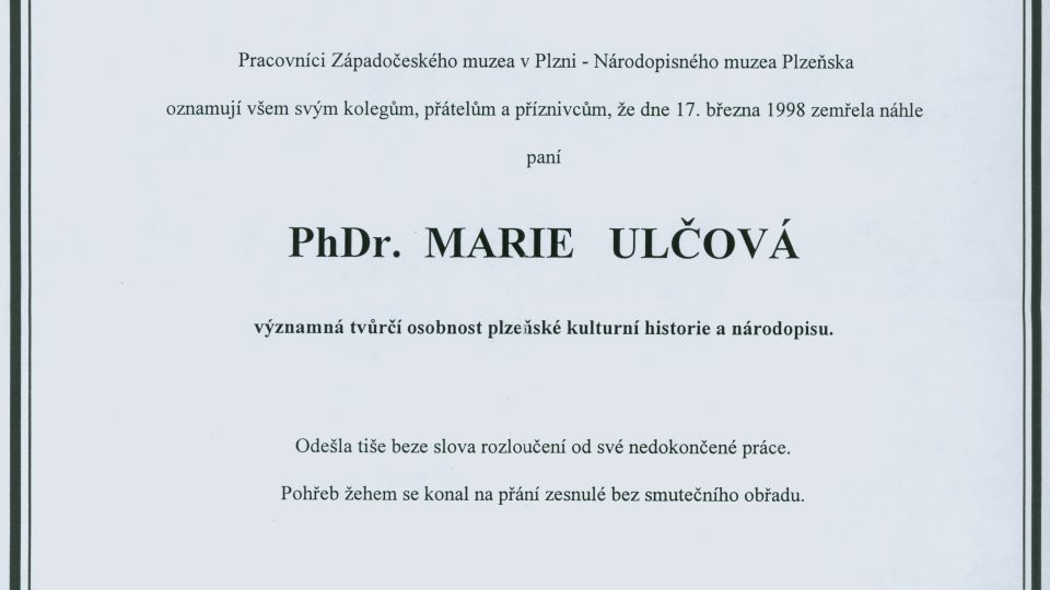 Smuteční oznámení o smrti Marie Ulčové dne 17. března 1998