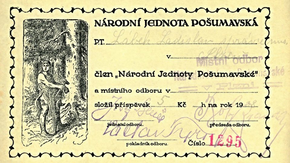 Průkazka členství Ladislava Lábka v Národní jednotě Pošumavské z roku 1938