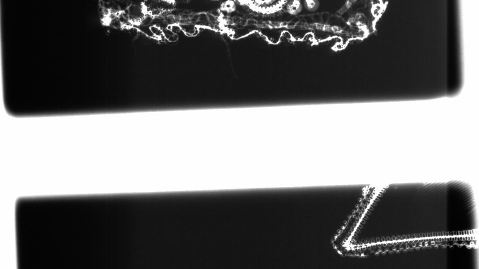 Rentgenové snímky doposud zašitých škapulířů ze sbírky Národopisného muzea Plzeňska, pořízené v roce 2016 za účelem zjištění případného obsahu. Klasická obdélníková škapulířová pouzdra s dracounovou výzdobou