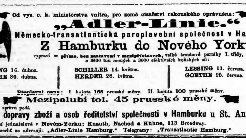 Inzeráty na cestu do Ameriky nebo výslovně na vystěhování za prací na Nový Zéland se v Plzeňských novinách na jaře 1874 objevovaly pravidelně