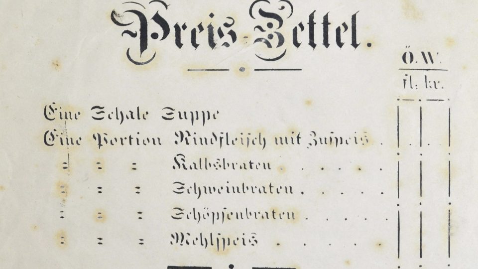 Formulář pro ceník jídla a noclehu ze zájezdního hostince v Chvalšinách, cca 30. léta 19. století