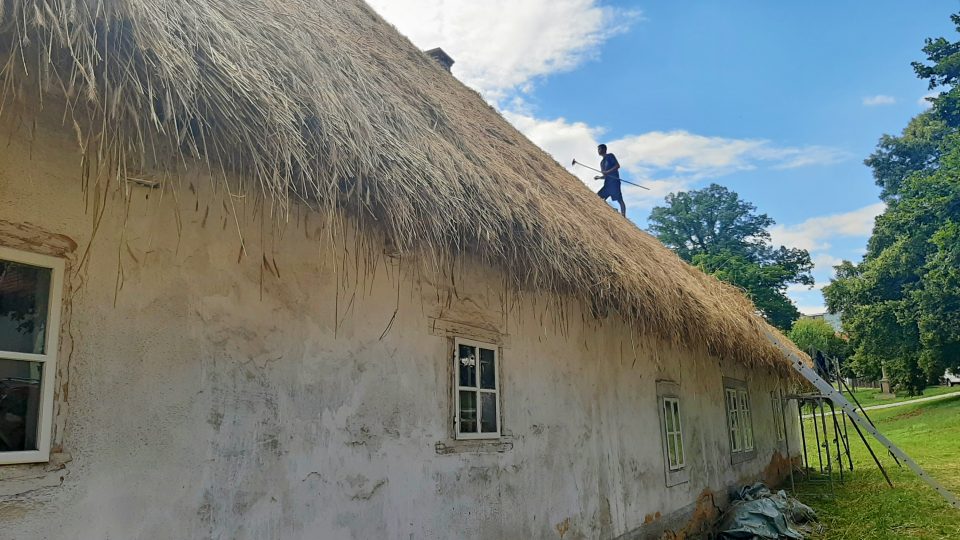 Šest a půl tisíce žitných klasů pečlivě svazují a pokládají na střechu selského statku U Matoušů odborníci na tuto tradiční pokrývačskou techniku