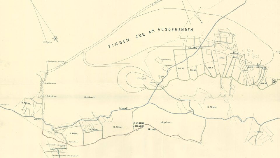 Revír Jedové hory. Důlní mapa s profily z r. 1859