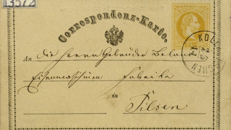 Korespondenční lístek adresovaný plzeňským továrníkům bratřím Belaniům, 1869