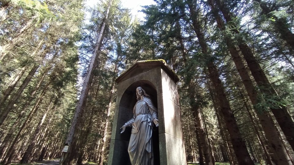 Impozantní socha Panny Marie je tak trochu skryta v brdských lesích