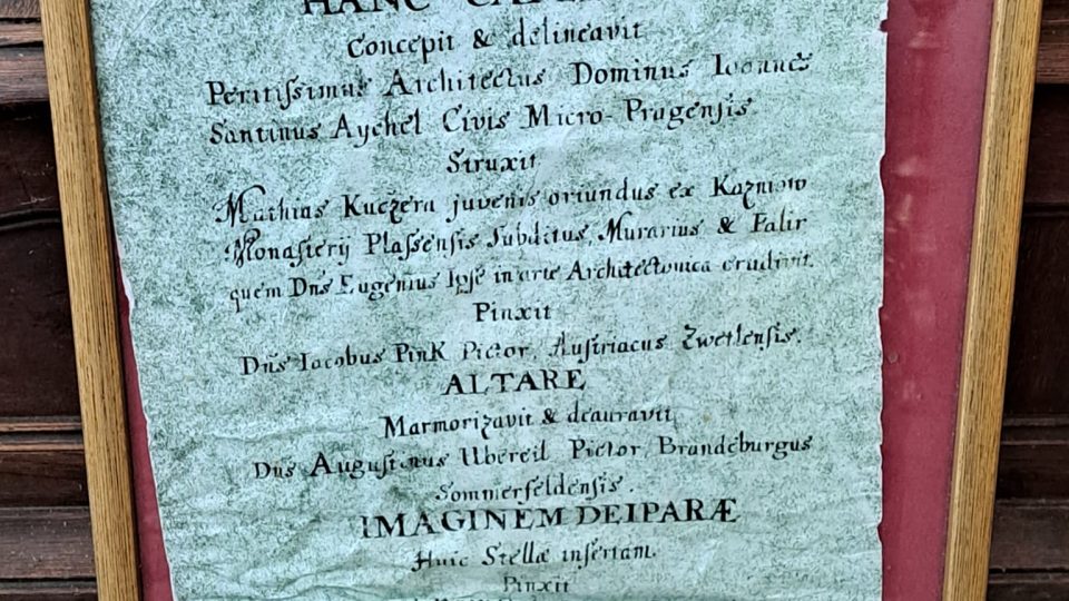 Kopie listiny, která dokazuje, že kapli navrhl Santini
