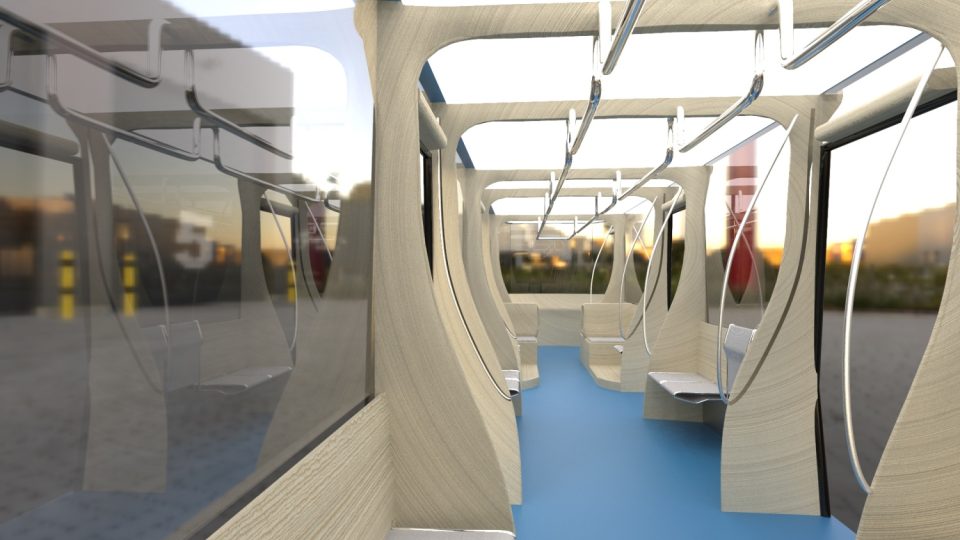 Vizualizace studentských návrhů autonomních tramvají - tramvaj jako přátelský robot, od autora interiéru Kryštofa Rozumka